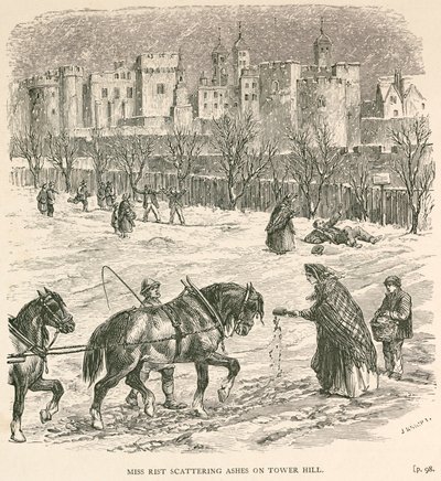 Miss Rist scattering ashes on Tower Hill, London by J Knight