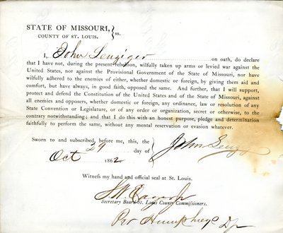 Loyalty oath of John Leuziger of Missouri, County of St. Louis by J. Leuziger