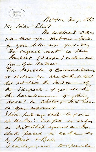 Letter signed J.M.F. [J.M. Forbes], Boston, to Eliot [William G. Eliot], November 7, 1863 by J. M. Forbes