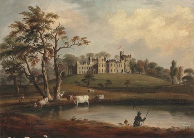 A View of Hornby Castle, Yorkshire, with an Angler and Cattle on the Banks of the River Wenning by J. Miller