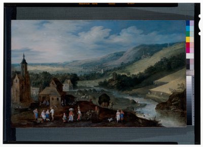 An Extensive River Landscape with Peasants Gathering the Harvest by J. & Momper J. de (1564 1635) Brueghel