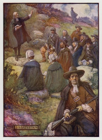 Armed sentries keeping watch during a meeting of Scottish Covenanters, 17th Century by J. R. Skelton