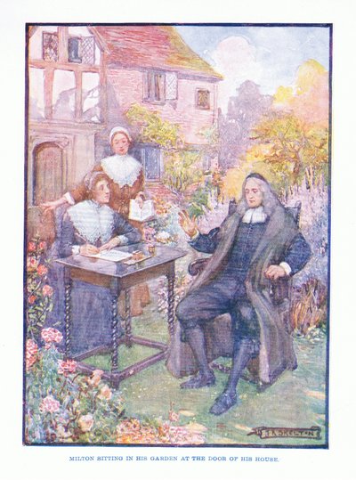 Milton sitting in his garden at the door of his house, from English Literature published by T C & EC Jack, c.1920 by J. R. Skelton