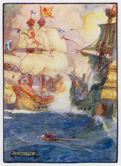 Scottish Naval Captain Sir Andrew Wood of Largo and His Two Ships the Yellow Carvel and the Flower, Defeating Four English Vessels off Dunbar, 1489 by J. R. Skelton