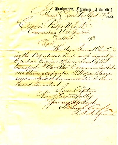 Letter from J. Schuyler Crosby, Grand Ecore, Louisiana, to Seth Ledyard Phelps, commanding U.S.S. Eastport, April 12, 1864 by J. Schuyler Crosby