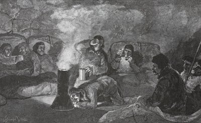 Interior of our Winter Hut at Camp Clay, during cooking, 1883 pub. London 1886 by J. Steeple Davis