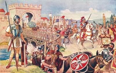 The Roman Empire - a column of soldiers advancing over a bridge by J. Williamson
