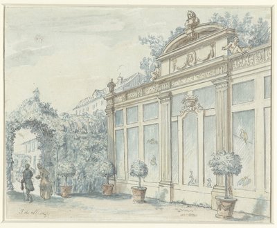View in a French Garden with Gentleman and Lady by J. de Marsy