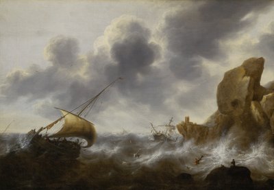 A Fishing Boat off a Rocky Coast in a Storm with a Wreck by Jacob Adriaensz. Bellevois