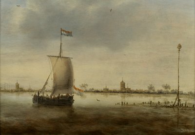 A Sailing Ship Along the Coast of a Dutch Town Thought to be Schoonhoven by Jacob Adriaensz. Bellevois