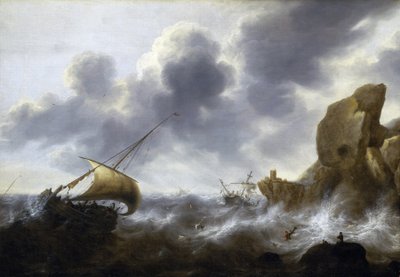 A fishing boat caught in a storm near a rocky coast, with a shipwreck by Jacob Adriaensz. Bellevois