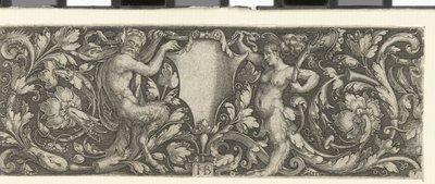 Frieze with a Shield Carried by a Male and Female Satyr by Jacob Binck (signed by artist)