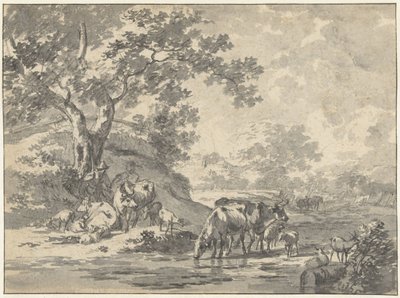 Landscape with Shepherd and Cattle under Tree by Water by Jacob  Cats