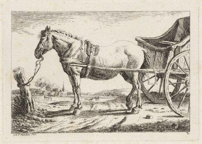 Standing Horse Harnessed to a Wagon (series: Six Prints after Drawings by Various Masters) by Jacob Elias van Varelen