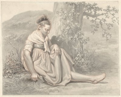 Peasant Girl Sitting on the Ground Next to a Tree by Jacob Ernst Marcus