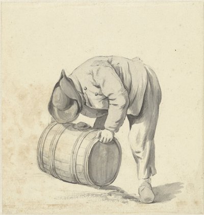 Man bending over to lift a barrel by Jacob Ernst Marcus