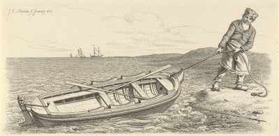 Man Pulling His Rowboat Ashore (Study Prints) by Jacob Ernst Marcus