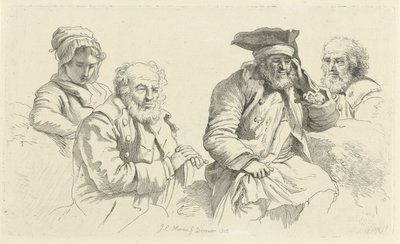 Study Sheet with Three Old Men and a Young Woman (Study Prints) by Jacob Ernst Marcus