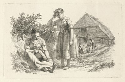 Two Women and a Man with Children in Front of a Barn (Study Prints / Etudes Gravées) by Jacob Ernst Marcus