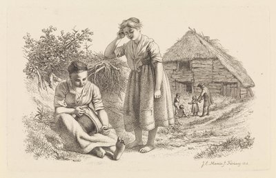 Two Women and a Man with Children in Front of a Barn (series title: Study Prints) by Jacob Ernst Marcus