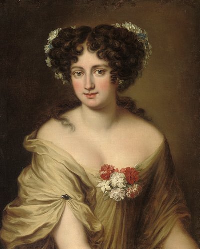 Portrait of Contessa Ortensia Ianni Stella, Bust Length, in an Ivory Chemise, with Flowers in Her Hair by Jacob Ferdinand Voet