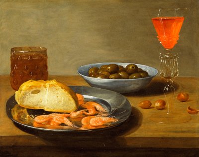 A Plate with Prawns and a Roll and Bowl with Olives by Jacob  Foppens van Es