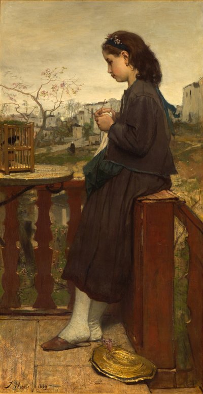 Girl knitting on the balcony, Montmartre by Jacob Henricus or Hendricus Maris