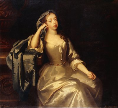 Portrait of Mrs. Tyrell, Three-Quarter-Length, in a White Satin Dress and Blue Shawl, Her Right Arm Resting on a Plinth, a Landscape Beyond by Jacob Huysmans