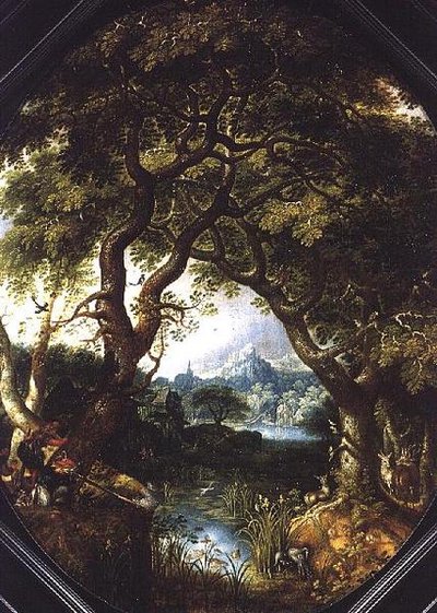 A Wooded Landscape with Hunters by a Stream by Jacob I Savery