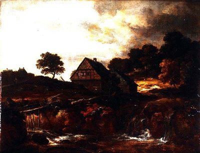 Wooded Landscape with Peasant on a Bridge over a Torrent by Jacob I. van (follower of) Ruisdael