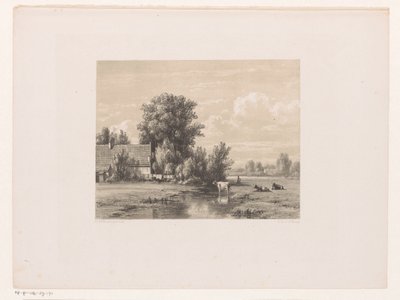 Landscape with Farm and Cow in the Water by Jacob Jan van der Maaten
