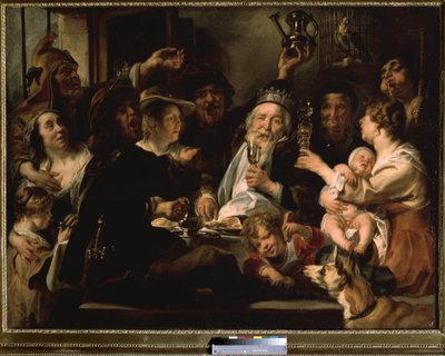 The Feast of the Bean King. Group of people with grotesque expressions, some dressed as jesters, drinking to the health of the king in the center who wears the crown. by Jacob Jordaens
