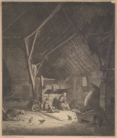 Interior of a Barn with Mother and Two Children, Right in Front a Pig, 17th century by Jacob Louys