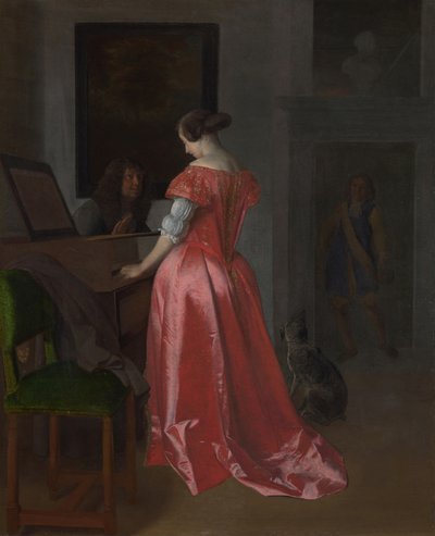 A Woman standing at a Harpsichord by Jacob Lucasz. Ochtervelt