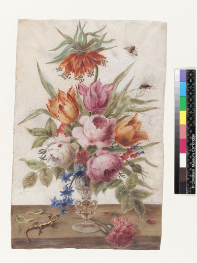 Venetian glass goblet containing flowers with a lizard and insects, 1634 by Jacob Marrel