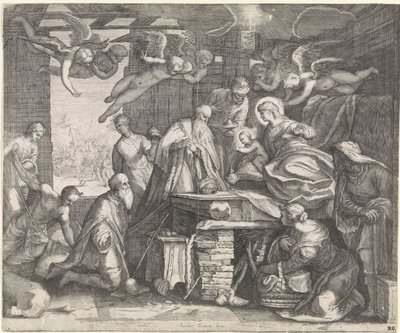 Adoration of the Kings with Angels by Jacob Matham (workshop of)