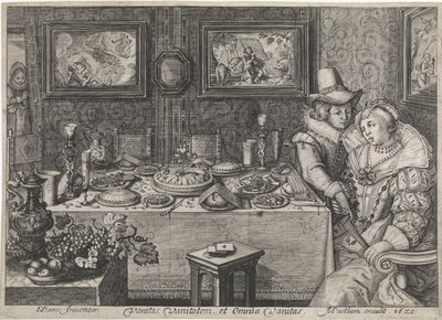 Young Couple Seated at a Lavishly Laden Table by Jacob Matham (workshop of)