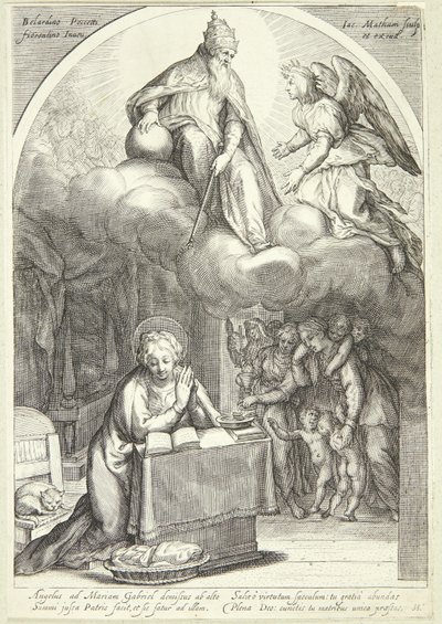 The Lord and Gabriel Await the Annunciation, Mary Kneeling Below by Jacob Matham