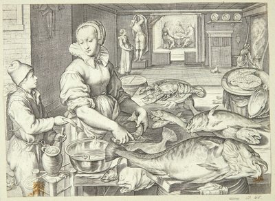 Kitchen Scene with a Cook Cleaning Fish by Jacob Matham