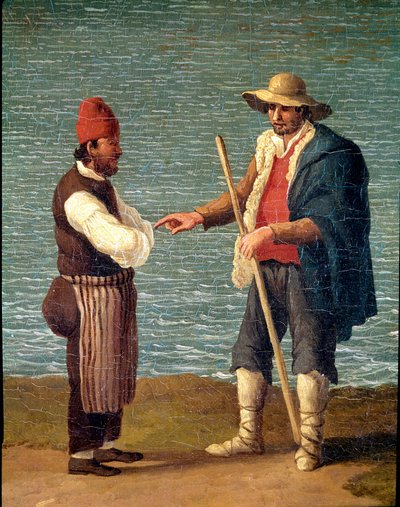 A Shepherd and a Merchant in the Port of Monopoli, Puglia, Italy by Jacob Philippe Hackert