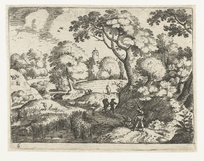 Landscape with Traveler and Soldiers (series title: Six Landscapes with Travelers) by Jacob Savery (I)