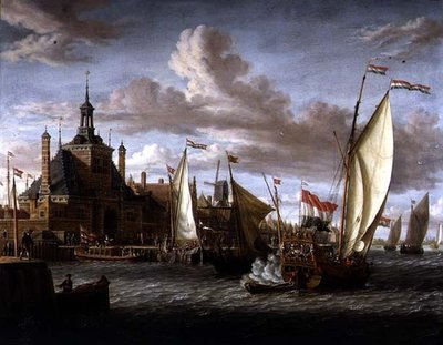 A Zeeland States Yacht Firing a Salute off the Dude Hoofdpoort, Rotterdam by Jacob Storck