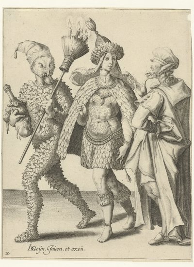 Three Masked Figures, One of Them with a Broom with Candles by Jacob de Gheyn (II) (workshop of)