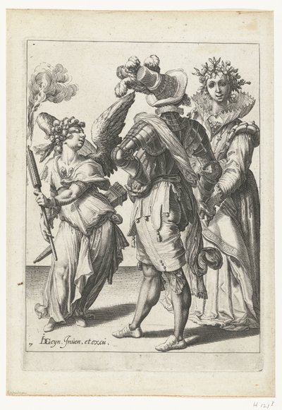 A Blindfolded Cupid with a Torch Before a Couple in Festive Attire (The Masquerades) by Jacob de Gheyn (II) (workshop of)