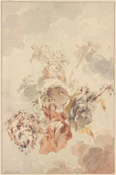 Genii and Cupids Grouped Around a Basket of Flowers Ascending Towards Heaven by Jacob de Wit