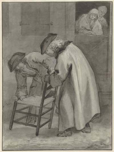 Two Men with Hats Looking at a Wicker Chair by Jacob de Wit