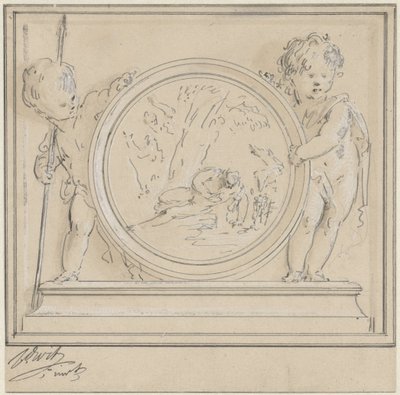 Two Putti with Medallion, Featuring Narcissus and Echo by Jacob de Wit