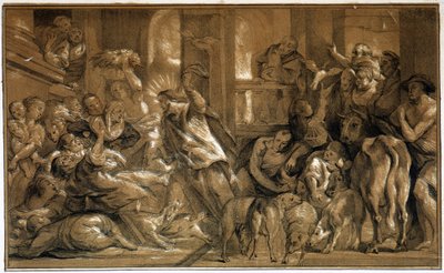 Christ Chasing Merchants from the Temple - by Jordaens by Jacob the Elder (after) Jordaens