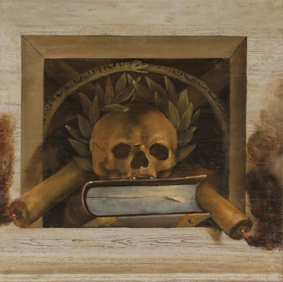 Vanitas Still Life with Skull with Laurel Wreath, Book and Two Burning Candles by Jacob van Campen