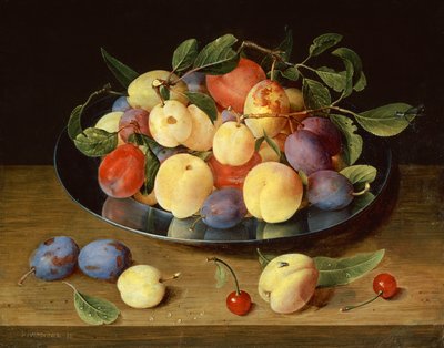 Plums and Peaches on a Pewter Plate by Jacob van Hulsdonck
